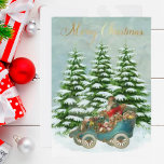 Weihnachtsgeschenke in seiner Vintagen FLAT des Au Feiertagskarte<br><div class="desc">Wunderbarer Weihnachtsmann in seinem Auto durch den Schnee navigieren mit allen schönen Geschenken gewartet,  um verteilt zu werden. Bäume mit Schnee Set die Bühne für den Hintergrund und eine goldene Weihnachtsbotschaft. Persönlich auf der Rückseite in einem charmanten Rahmen Urlaub.</div>