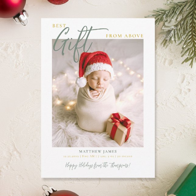 Weihnachtsgeschenke Kalligrafie Modernes Green Bab Ankündigung (best gift from above baby christmas card minimalist simple photo calligraphy elegant green gold)