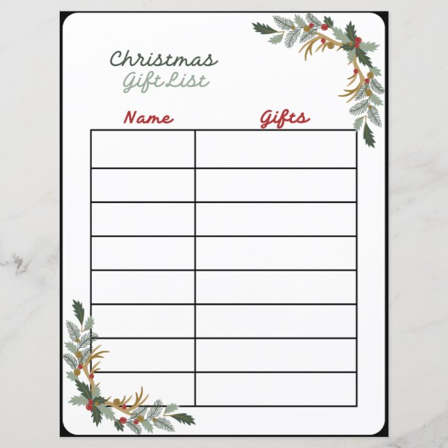 Weihnachtsgeschenke-Liste Planner Seite (Vorderseite)