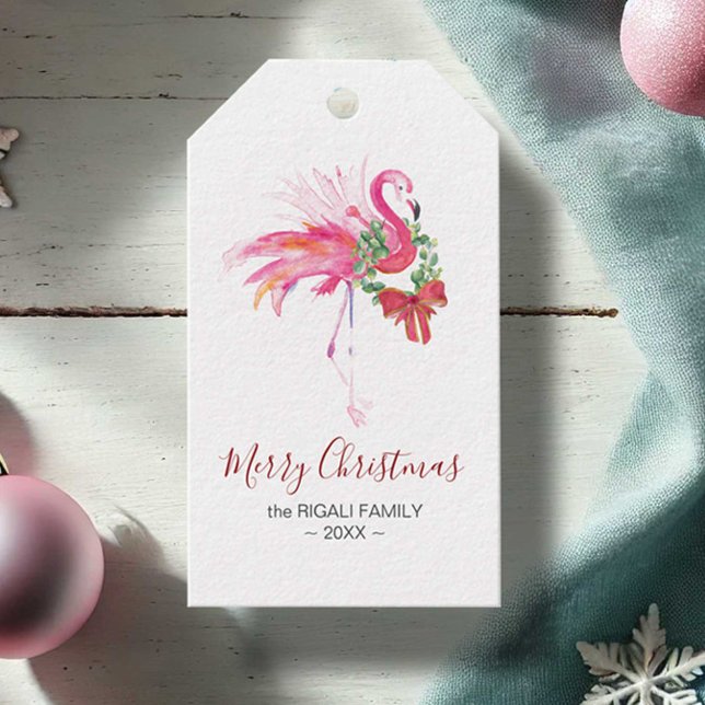 Weihnachtsgeschenke Tags Niedlich tropische Flamin Geschenkanhänger (Pink flamingo Christmas tags feature watercolor tropical art by Victoria Grigaliunas Do Tell A Belle)