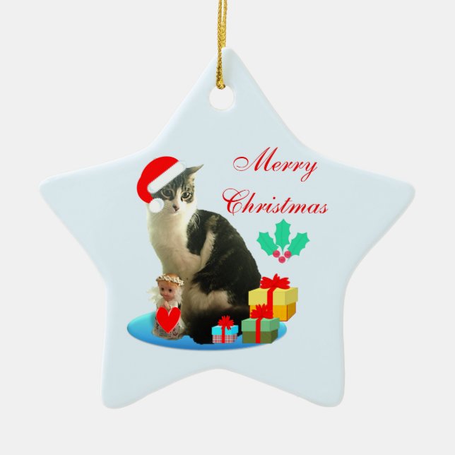 Weihnachtsgeschenkkatze, Engel & Geschenke Keramik Ornament (Vorne)