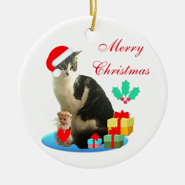 Weihnachtsgeschenkkatze, Engel & Geschenke Keramik Ornament (Vorne)