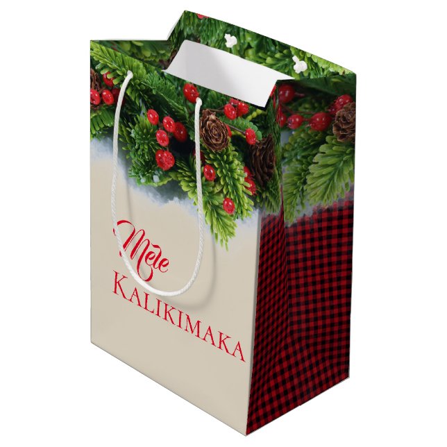 Weihnachtsgeschenktasche-Evergreen Mele Kalikimaka Mittlere Geschenktüte (Rückseite Schrägansicht)