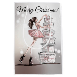 Weihnachtsgeschenktasche mit Mode Illustration. Mittlere Geschenktüte