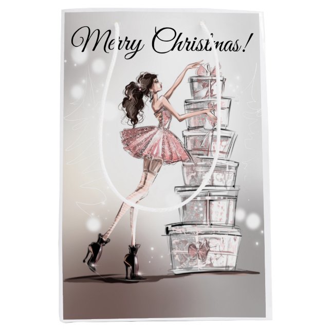 Weihnachtsgeschenktasche mit Mode Illustration. Mittlere Geschenktüte (Vorderseite)