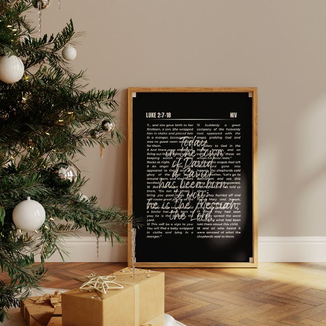 Weihnachtsgeschichten Krippe Print Poster (The artwork, leaning against a neutral-colored wall, reads scripture from Luke 2:8-18 in black text.)