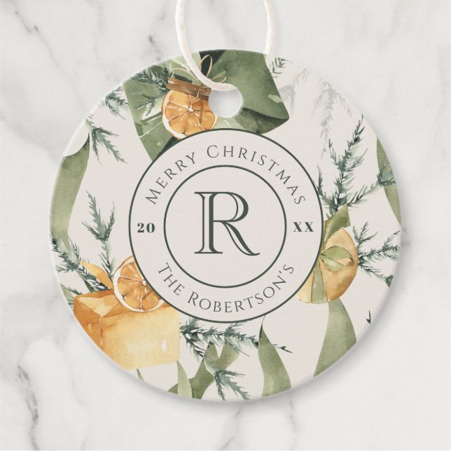 Weihnachtsgeschmack: Watercolor Monogram Custom Geschenkanhänger (Vorderseite)