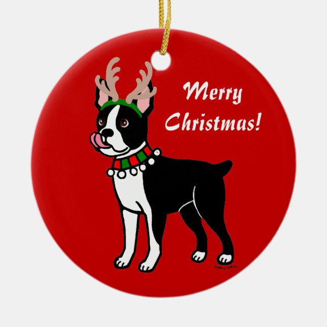 Weihnachtsgeweihe Bostons Terrier Keramik Ornament (Vorne)