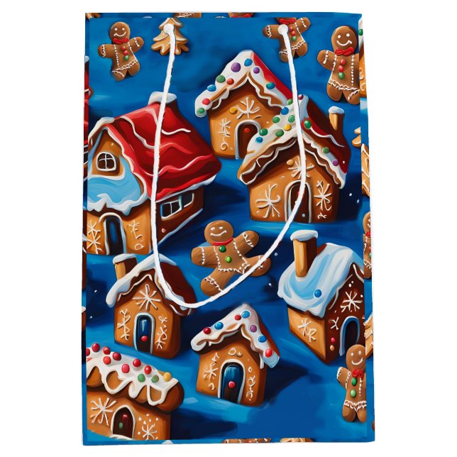 Weihnachtsginger Cookies Houses Trees Holiday Deko Mittlere Geschenktüte (Vorderseite)