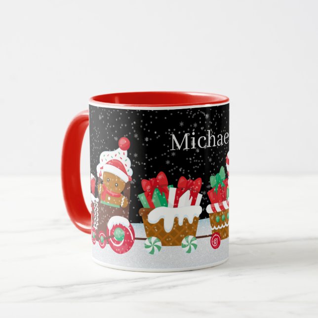 Weihnachtsgingerbäckerzug mit Namen Tasse (Vorderseite Links)