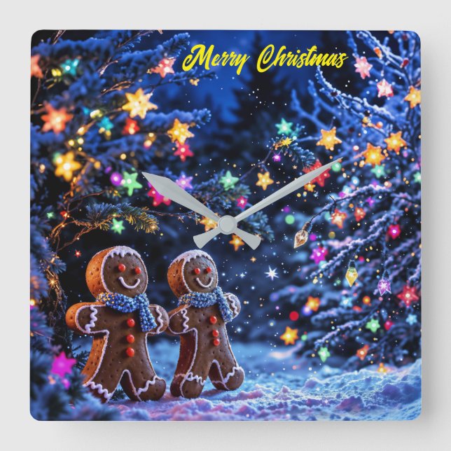 Weihnachtsgingerbäumer schneebezaubernd quadratische wanduhr (Vorderseite)