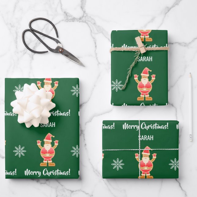 Weihnachtsgingerbrot Brown Santa Personalize Name Geschenkpapier Set (Vorderseite)