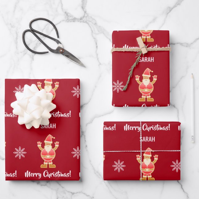 Weihnachtsgingerbrot Brown Santa Personalize Name Geschenkpapier Set (Vorderseite)