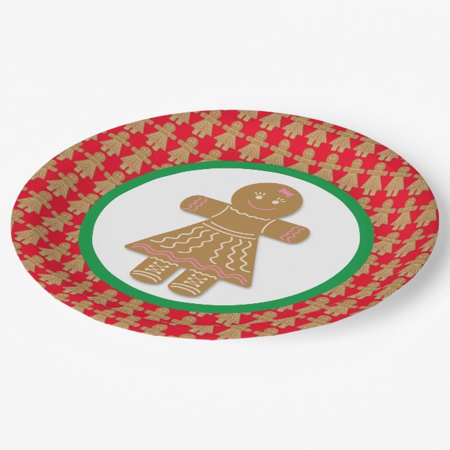 Weihnachtsgingerbrot Mädchen Rot und Weiß Pappteller (Schrägansicht)