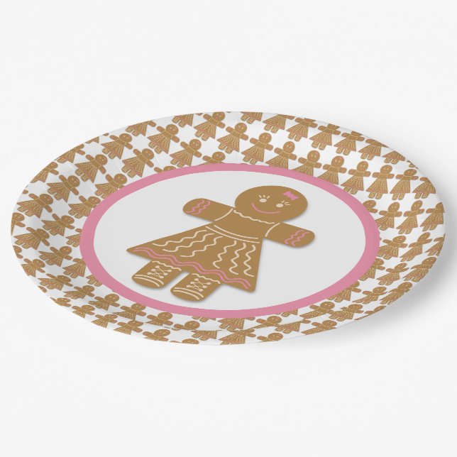 Weihnachtsgingerbrot Mädchen Weiß und Rosa Pappteller (Schrägansicht)