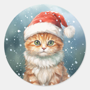 Weihnachtsgingkatze in Weihnachtsmannmütze im Wint Runder Aufkleber