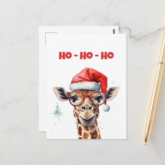 WeihnachtsGiraffe Watercolor Postkarte (Vorderseite/Rückseite Beispiel)