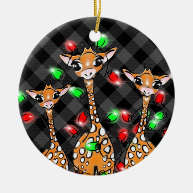 Weihnachtsgiraffen, graue karierte Lichter Keramik Ornament (Vorne)