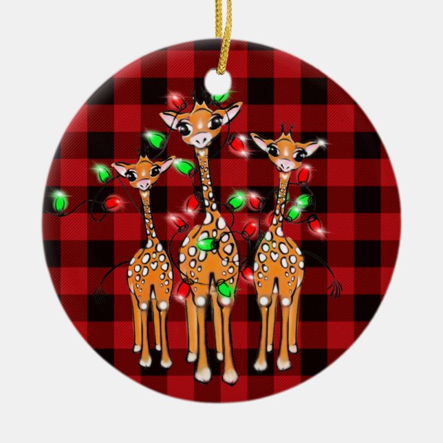 Weihnachtsgiraffen, kariert schwarz keramik ornament (Vorne)