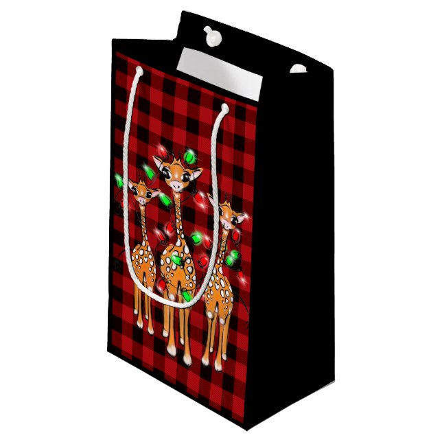 Weihnachtsgiraffen kariert schwarz kleine geschenktüte (Vorderseite Schrägansicht)