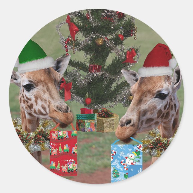 WeihnachtsGiraffen Runder Aufkleber (Vorderseite)