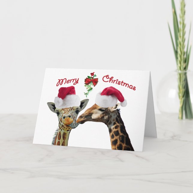 WeihnachtsGiraffen unter Mistletoe küssen Feiertagskarte (Vorderseite)