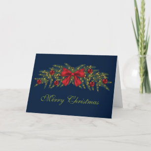 Weihnachtsgirlande mit roter Schleife und Christba Feiertagskarte