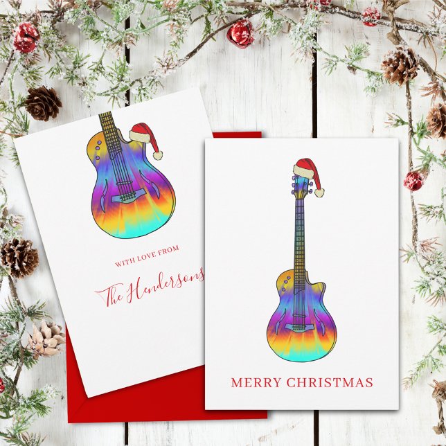 Weihnachtsgitarre cool Psychedelic Feiertagskarte (Colorful Christmas guitar personalized holiday card For guitarists musicians and music lovers)
