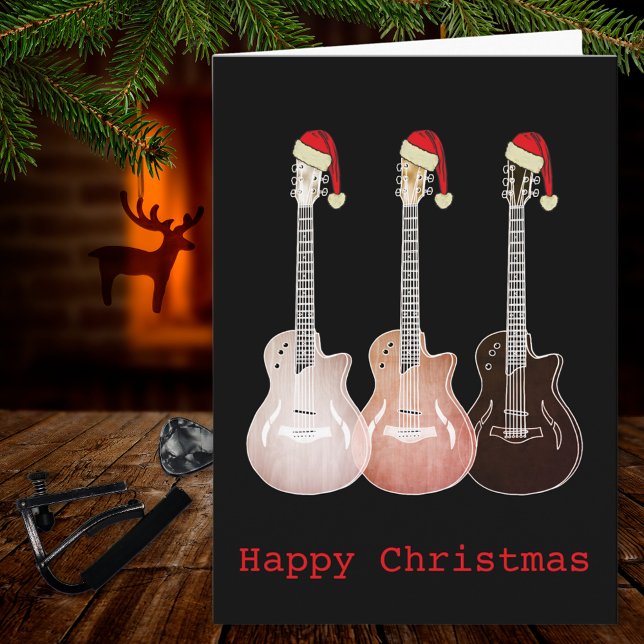 Weihnachtsgitarre Rustikale Musik Karte (Christmas guitars wearing Santa hats rustic music themed holidays greeting card guitarist musician )