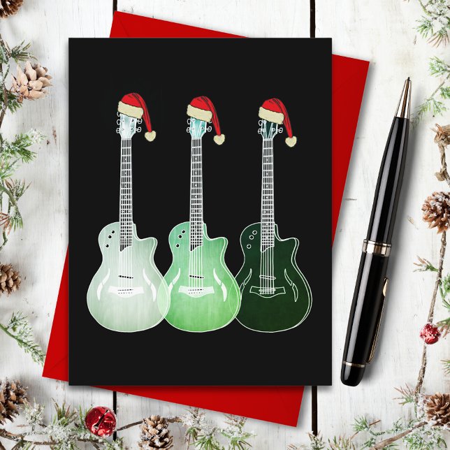 Weihnachtsgitarre Santa green Feiertagspostkarte (Christmas guitars wearing Santa hats simple illustration on black holiday greetings postcard)