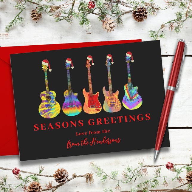 Weihnachtsgitarren in Weihnachtsmannmützen Frohe F Feiertagskarte (Cool music seasons greetings colorful guitars wearing Santa hats red and black holidays card)