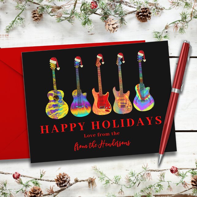 Weihnachtsgitarren Personalisiert Feiertagskarte (Cool guitar colorful happy holidays greetings card black and red typography )