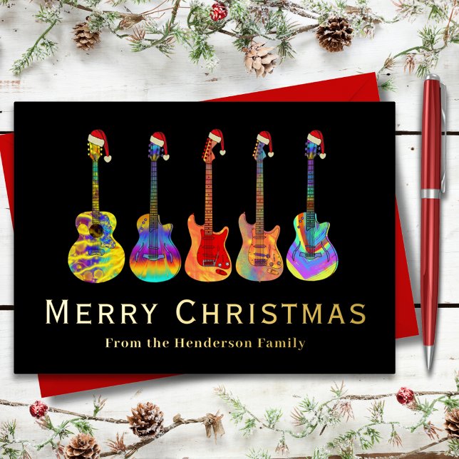 Weihnachtsgitarren tragen Weihnachtsmannmützen Bla Folien Feiertagskarte (Rock and roll Christmas guitars black and gold foil custom holiday greetings card guitarist musician)