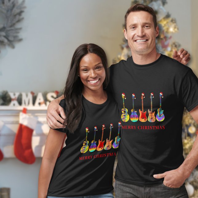 Weihnachtsgitarren tragen Weihnachtsmannmützen T-Shirt (Merry christmas guitars wearing Santa hats T-Shirt for guitarist musician music teacher)