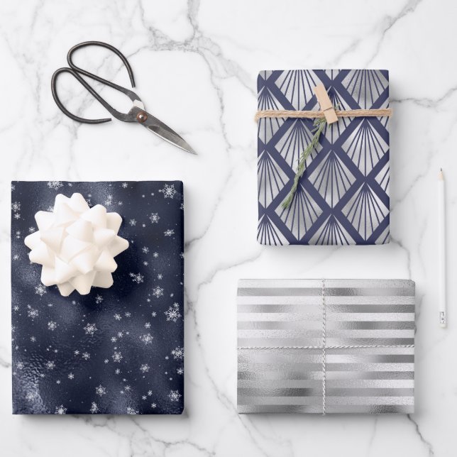 Weihnachtsglam Snowflake Muster Navy Blue Silver Geschenkpapier Set (Vorderseite)