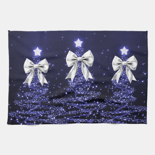 Weihnachtsglanzbäume Navy Faux Silberbogen  Geschirrtuch (Horizontal)