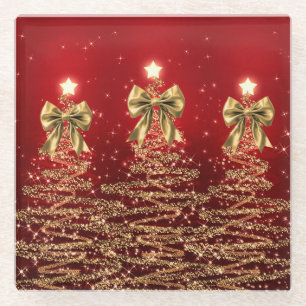 Weihnachtsglanzbäume Rot Gold Falsche Schleife  Glasuntersetzer