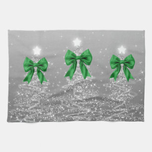 Weihnachtsglanzbäume Silber Falsche Grüne Schleife Geschirrtuch