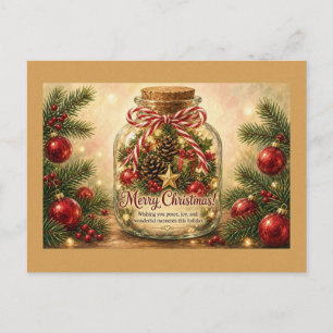 Weihnachtsglas mit Zapfen und Ornamenten Postkarte