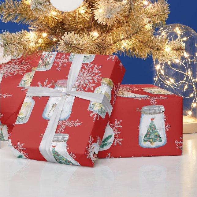 Weihnachtsgläser und Schneeflocken Rot   Geschenkpapier (Feiertage)