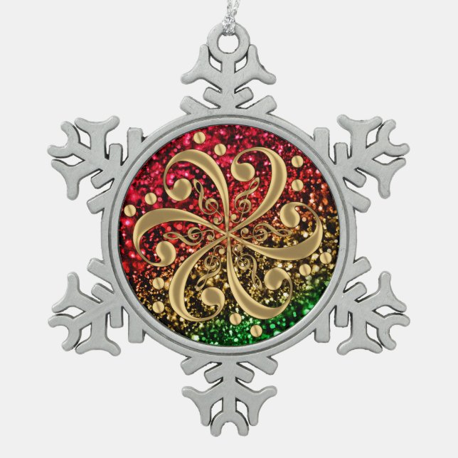 WeihnachtsGlitzermusikalische Schneeflocken Zinn-Ornament (Vorderseite)