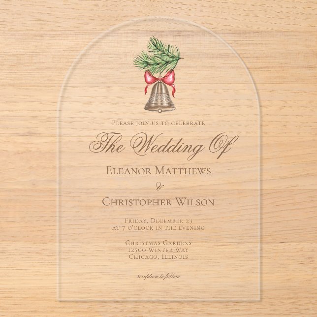 Weihnachtsglocke & Pine Blätter Hochzeitsplatz Acryleinladungen (Vorderseite)