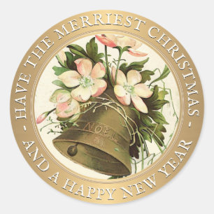 Weihnachtsglocke (Pink Floral) Metallic Gold Runder Aufkleber