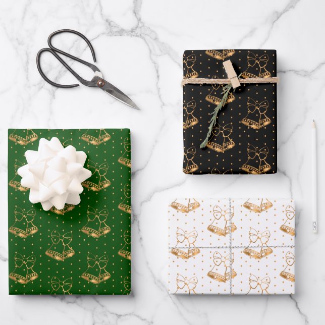 Weihnachtsglocken auf Grün, Schwarz und Weiß Geschenkpapier Set (Vorderseite)