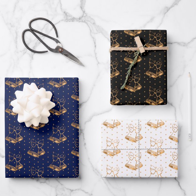 Weihnachtsglocken auf Navy Blue, Black und White Geschenkpapier Set (Vorderseite)
