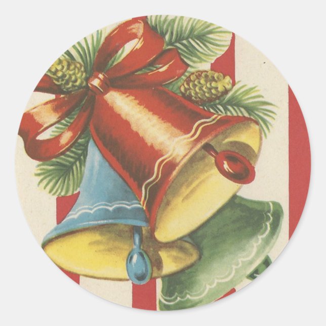 Weihnachtsglocken auf rot-weißem Streifen Runder Aufkleber (Vorderseite)