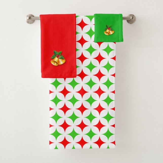 Weihnachtsglocken & Green Red Diamond Star Muster Badhandtuch Set (Insitu)