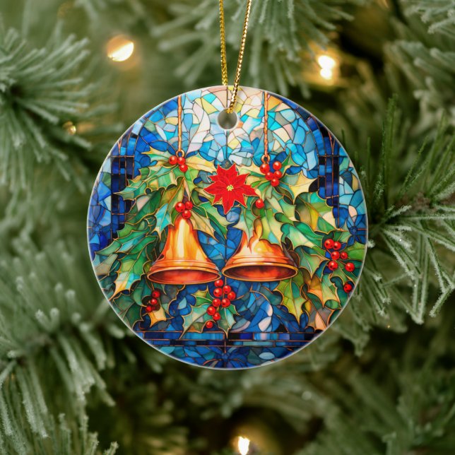 Weihnachtsglocken im Glass und Poinsettia Keramik Ornament (Baum)