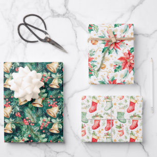 Weihnachtsglocken, Poinsettias und Strumpf Geschenkpapier Set