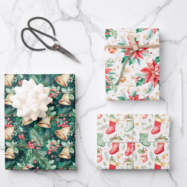 Weihnachtsglocken, Poinsettias und Strumpf Geschenkpapier Set (Vorderseite)